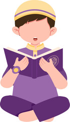 Adorable Muslim Boy in Purple Clothing Reading a Book