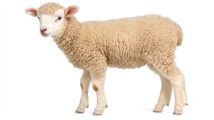 Fototapeta premium Cute lamb standing, white background, farm animal