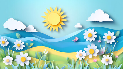 A Blissful Spring Scene: A vibrant illustration showcasing a serene spring landscape, filled with blooming daisies, gentle rolling hills, fluffy clouds, and a radiant sun.