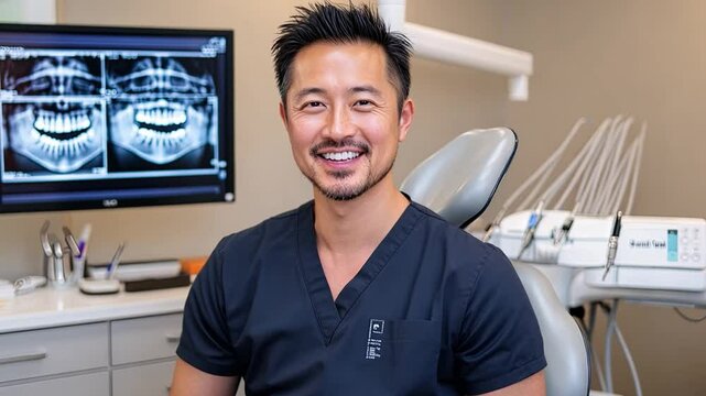 Confident Dentist: A friendly, smiling Asian male dentist sits in his modern dental office, looking directly at the camera.  X-rays are visible on a computer monitor in the background.
