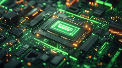 Futuristic CPU glowing green on motherboard, tech background