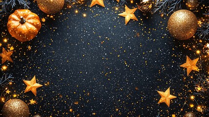 Festive autumnal winter decor, dark background, holiday card
