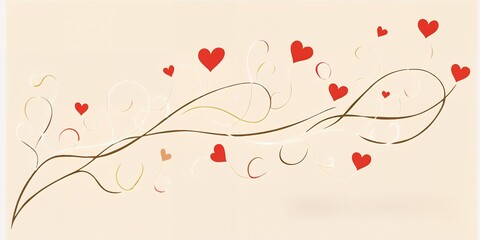 Romantic Valentine s Day Design Hearts and Swirling Vines on Beige Background