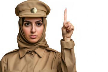 Woman in military uniform raising finger in a commanding gesture against a plain background