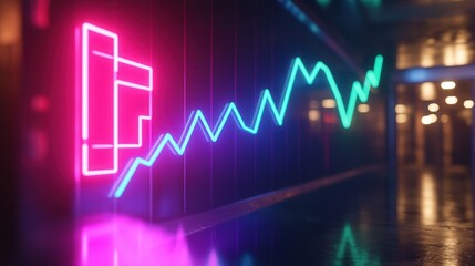 neon glowing sign showing bitcoin value increasing with a green line graph trending upwards to the right, reflecting the crypto market boom.