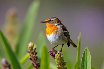 Fototapeta premium Close-up of a Small Bird Perched on a Plant with Colorful Feathers