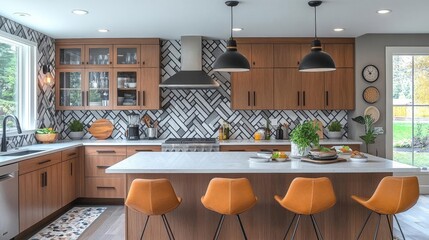 Contemporary Kitchen Interior with Wooden Cabinetry Gray Walls and a Marble Island