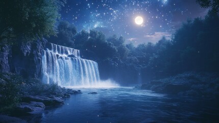 Mystical moonlit waterfall cascading under a starry night canvas