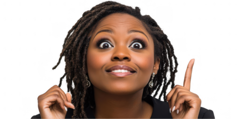 Woman with expressive gesture indicating a bright idea or realization in a neutral background