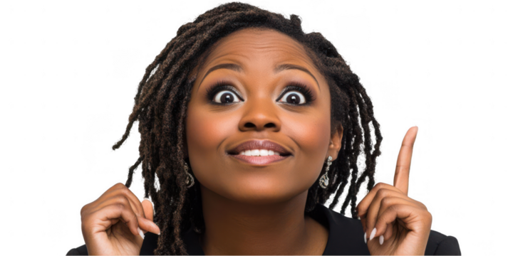 Woman with expressive gesture indicating a bright idea or realization in a neutral background