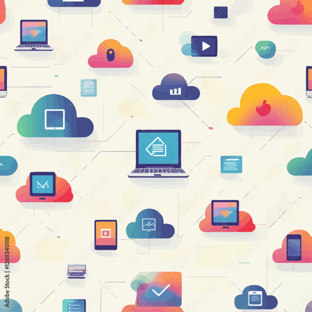 Poster cloud computing seamless pattern with digital devices and icons