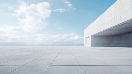 Modern concrete building exterior with spacious plaza under blue sky.