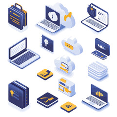 Isometric Tech Illustration: Laptop Cloud Data Security Business Concept
