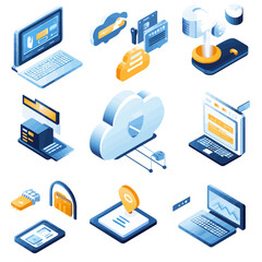 Isometric view of technology and cloud computing icons.