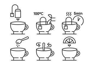 Instructions for preparing, brewing tea, set of icons	