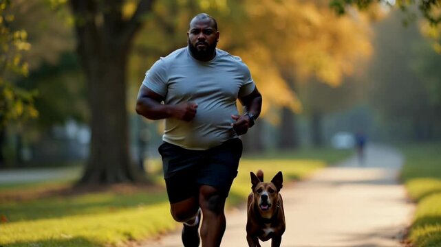 Overweight mid adult African American man jogging with his dog in park during the golden hour, obese person running with his pet at dusk, exercising to lose weight, seeking healthy lifestyle