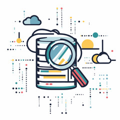 Data analysis illustration with magnifying glass and cloud computing.