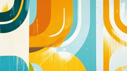 Abstract geometric art with vibrant orange, teal, and white curves and shapes on a textured background.