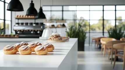 Pastry shop interior, cream puffs display, sunny cafe