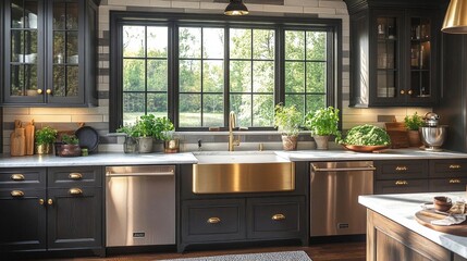 Elegant Kitchen with Dark Cabinets Gold Accents and Natural Light from Large Window View