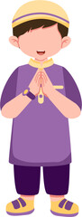 Smiling Muslim Boy in Purple Clothing, Saluting