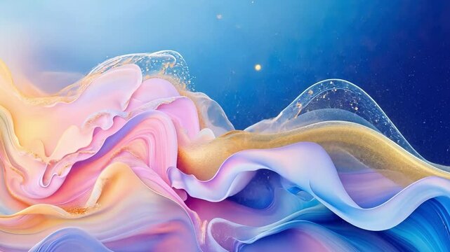Abstract Fluid Art: Swirling pastel hues of pink, blue, and gold create a mesmerizing abstract painting, evoking a sense of serenity and fluidity. Perfect for backgrounds, website headers.