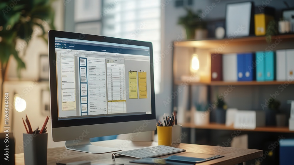 Poster digital document management system on a computer screen, showcasing file categorization, tagging, an