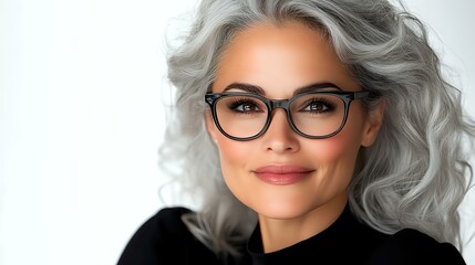 Confident mature woman with silver gray wavy hair, glasses and natural makeup smiling at camera against light background. Professional portrait for beauty and fashion.
