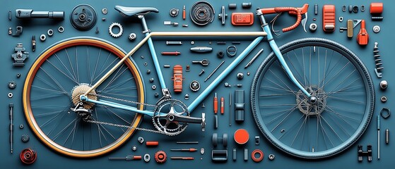 Obraz premium Aesthetic top view of a bicycle, parts neatly laid out in detailed illustration, showing wheels, frame, pedals, handlebars, and gears, vibrant and artistic generative AI design