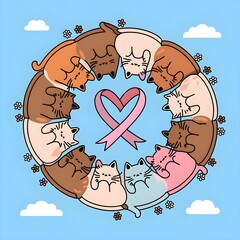 Adorable cat in heart shaped frame with floral accents vector illustration