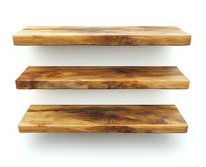 Obraz premium Rustic wooden floating shelves with natural wood grain pattern and live edge design isolated on white background for interior decoration and storage.