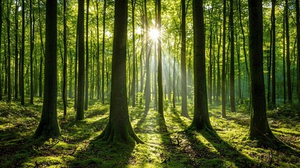 Obraz premium Sun rays illuminating a lush green forest with mossy ground.