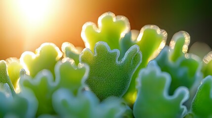 Vibrant green succulent leaves with wavy edges backlit by golden sunlight, creating a dreamy macro nature photograph with soft bokeh background.