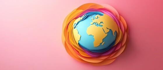 Collage art of the world globe made from paper, ecofriendly humanity concept, vibrant pop color design, creative graphic poster, colorful background for wallpaper mockup