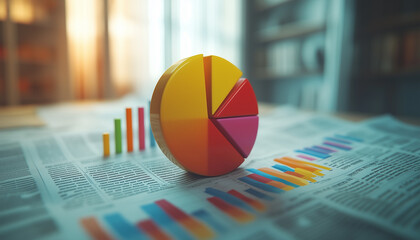 Colorful 3D Pie Chart and Bar Graphs on Financial Newspaper Report Representing Business Analytics