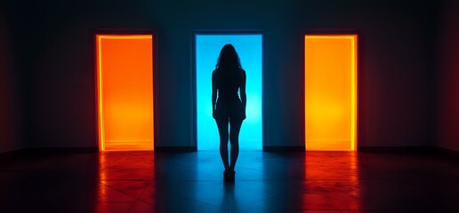 Female silhouette standing in glowing blue doorway between two orange illuminated doors, dark corridor with dramatic neon lighting creates mysterious atmosphere.