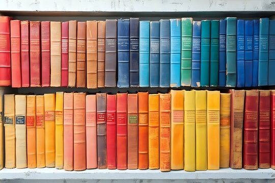Colorful vintage books arranged on wooden shelves creating rainbow pattern. Collection of old hardcover volumes with fabric spines in red, blue, and yellow tones.
