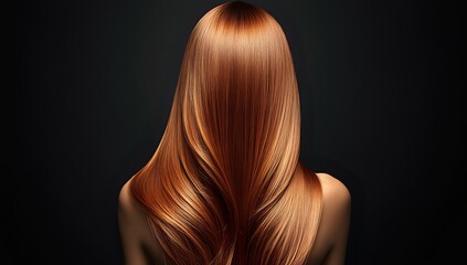 Fototapeta premium Back view of long straight copper hair with smooth glossy texture on dark background, showing professional hair care and styling results.