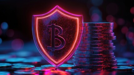 neon shield protecting a stack of coins, representing financial security and the importance of safeguarding assets.