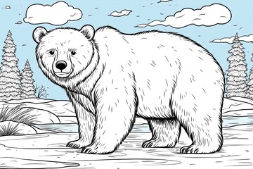 Grizzly Bear Coloring Page: Black and White Wildlife Illustration for Children's Educational Art Activities in a Snowy Forest Habitat