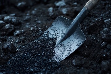 Shovel scoops dark earth, revealing rich soil texture and composition, impacting environmental studies.