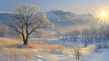Frosty sunrise over snowy mountain valley