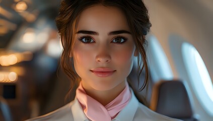 Young Caucasian woman with brown hair and natural makeup wearing white blazer and pink scarf smiles warmly in soft evening lighting, bokeh background creates dreamy atmosphere.