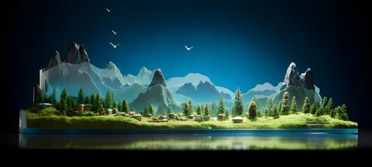 A miniature land of grass world model was created using delicate origami techniques to create a three-dimensional effect, ai generative