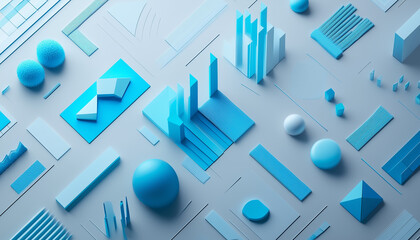 Abstract 3D Render of Blue Geometric Shapes and Data Visualizations