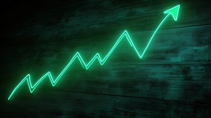 Naklejka premium green Bitcoin value graph displayed on a neon sign, with a line trending upwards to signify increasing cryptocurrency value.