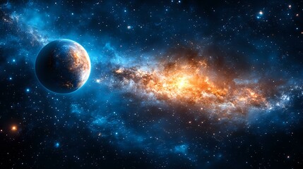 Against vibrant nebula and starfield background in deep space, featuring blue and orange galaxy colors.