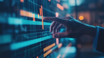 project manager hand taps and swipes through a digital Gantt chart, adjusting tasks and scheduling for an important business project.