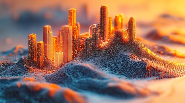 Futuristic city sunrise, island landscape, digital art, website banner
