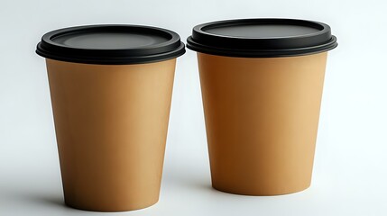 Two brown paper coffee cups with black lids on white background, mockup for cafe and restaurant branding, isolated disposable takeaway containers.
